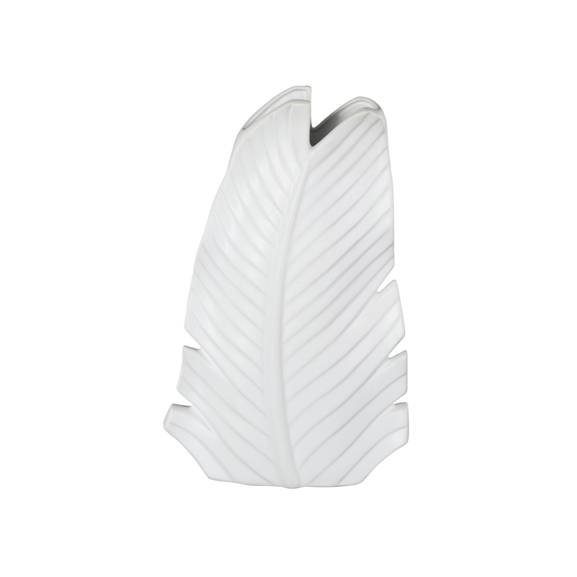 15" White Ceramic Palm Leaf Vase